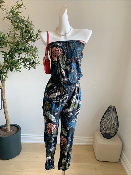Talula Pants - XXS Talula Strapless Tropical Leaf Jumpsuit Soft Summer Chic
